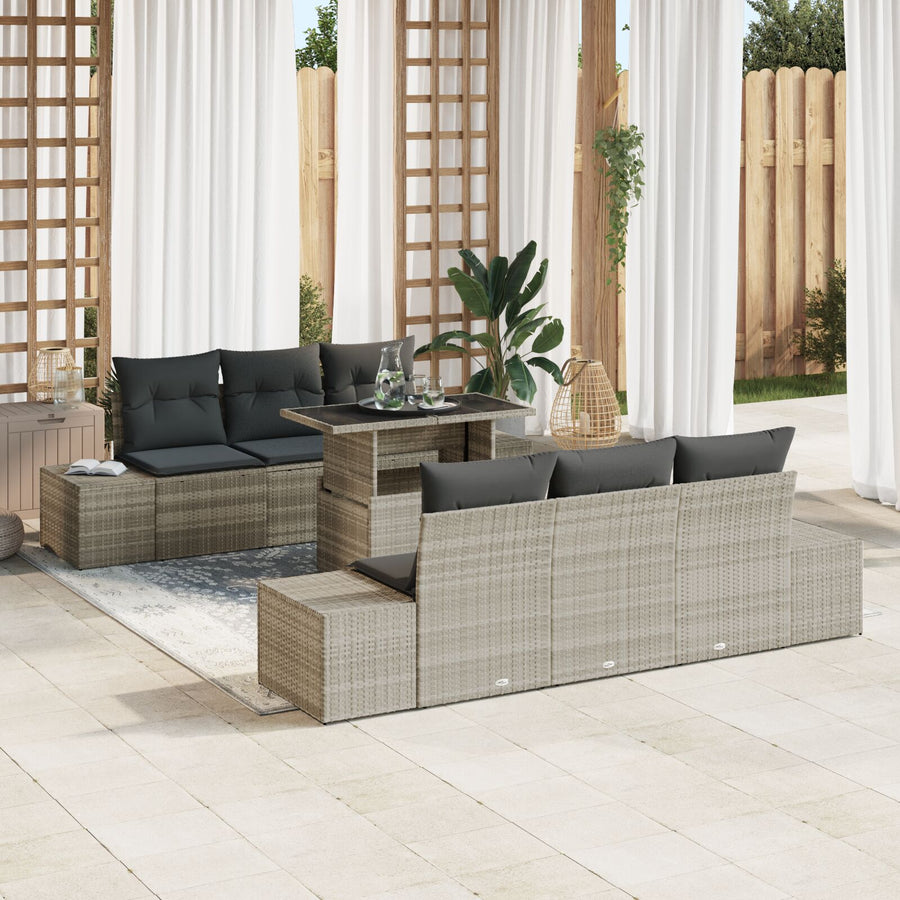 Tuin Sofa Set 7-Delig Beige Pe Riet Buitentafel Rechthoekig