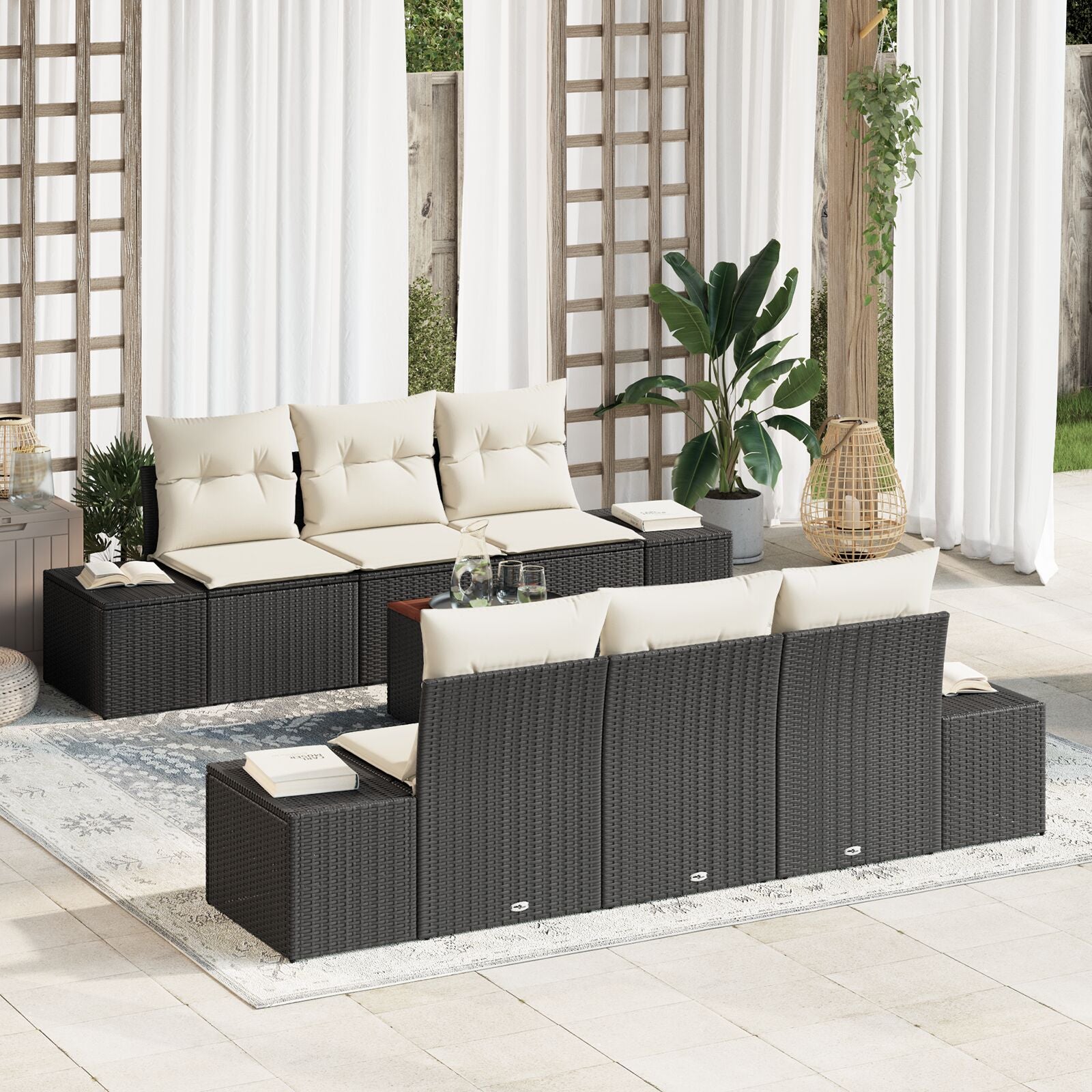 7-Delige Tuinbankset Met Kussens Zwart Poly Rattan Acacia
