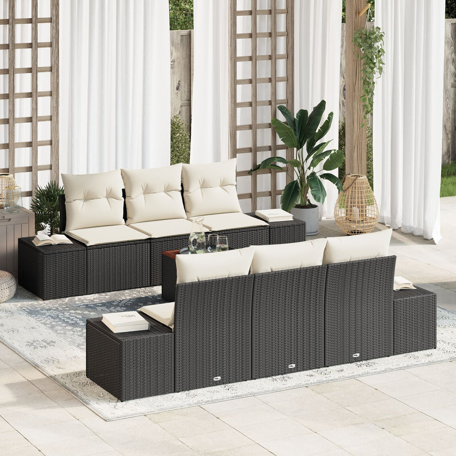 7-Delige Tuinbankset Met Kussens Zwart Poly Rattan Acacia