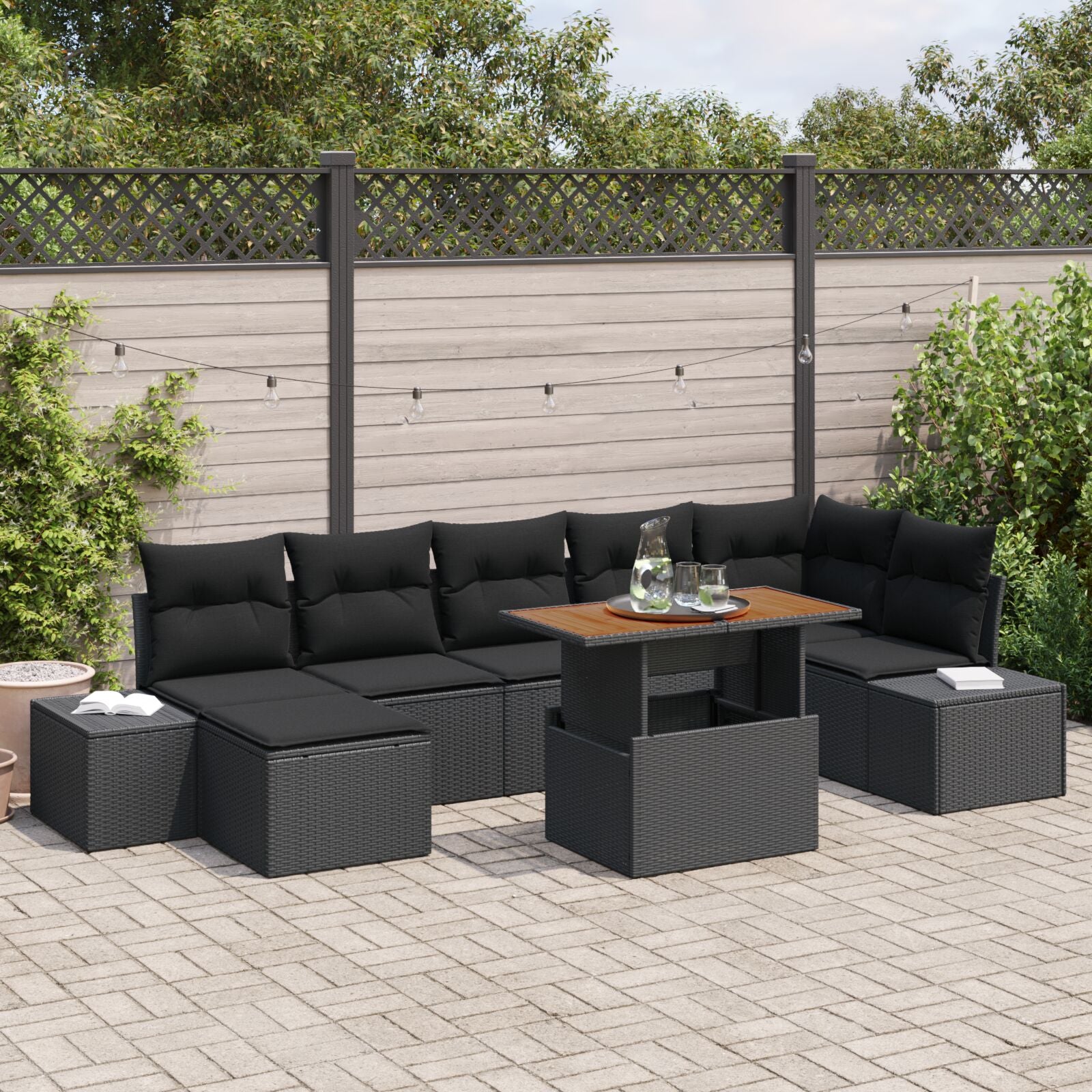Tuinbank Set Set Van 8 Zwart Poly Rattan, Staal, Hout