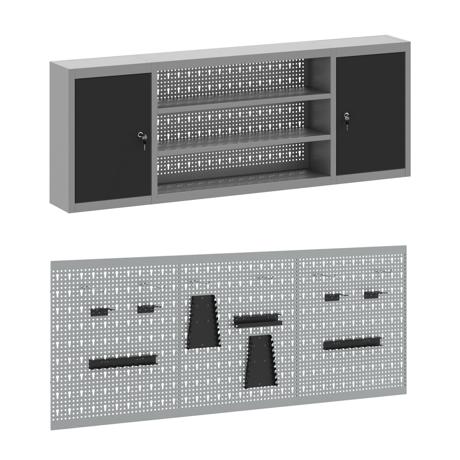 7-Delige Werkbank Set Staal 3x (85 cm) Zwart 4x kast + 4x pegboard