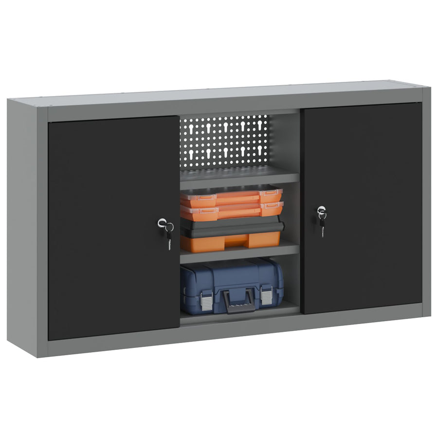 Gereedschapskast Muurbevestigd Met Pegboard 100X20X55 Cm Staal 100 cm Zwart en grijs Muurkast met pegboard