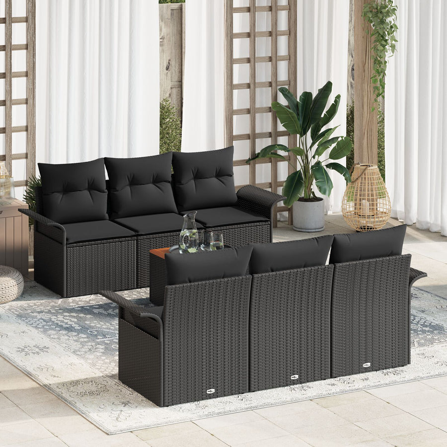 7-Delige Tuinbankset Met Kussens Zwart Poly Rattan Acacia