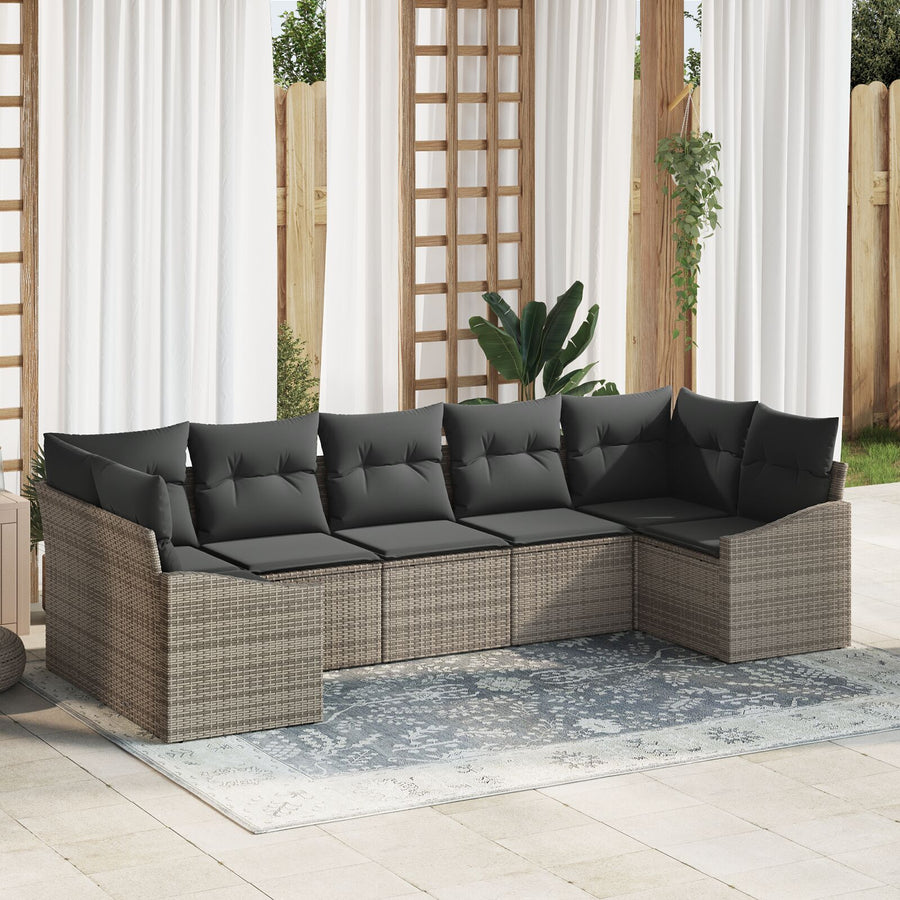 7-Delige Tuin Eetset Met Kussens Grijs Poly Rattan