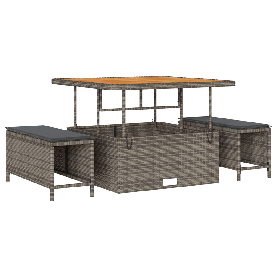 3-Delige Tuin Eetset Met Kussens Poly Rattan Acacia 100 cm Grijs 2 krukken