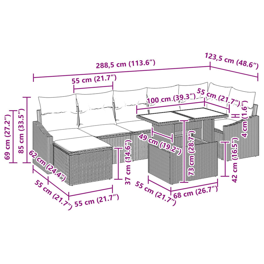 8-Delige Tuinbank Set Met Kussens Zwart Poly Riet