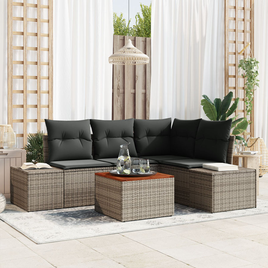 5-Delige Tuin Sofaset Met Kussens Grijs Poly Rattan Acacia