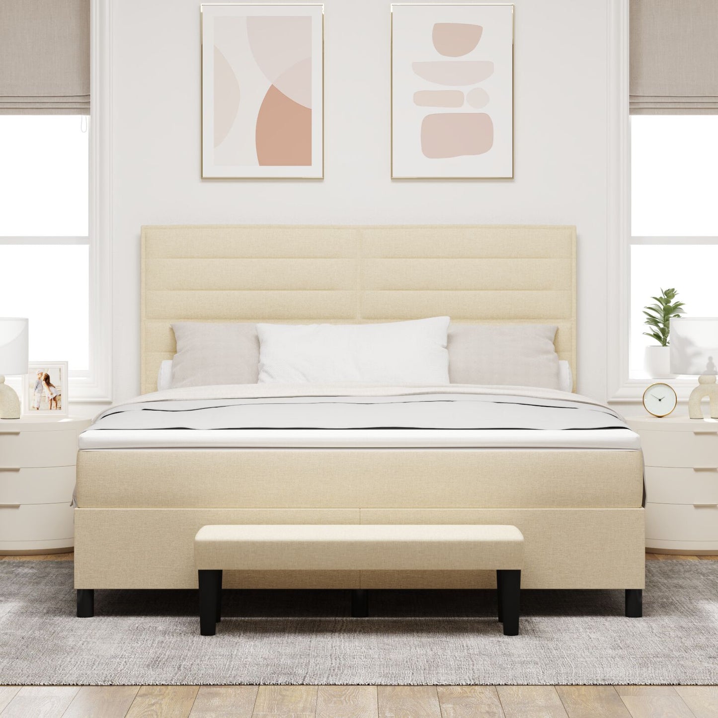 Boxspring Bed Met Matras & Bank Stof Crème 180 x 200 cm Lijnen ontwerp