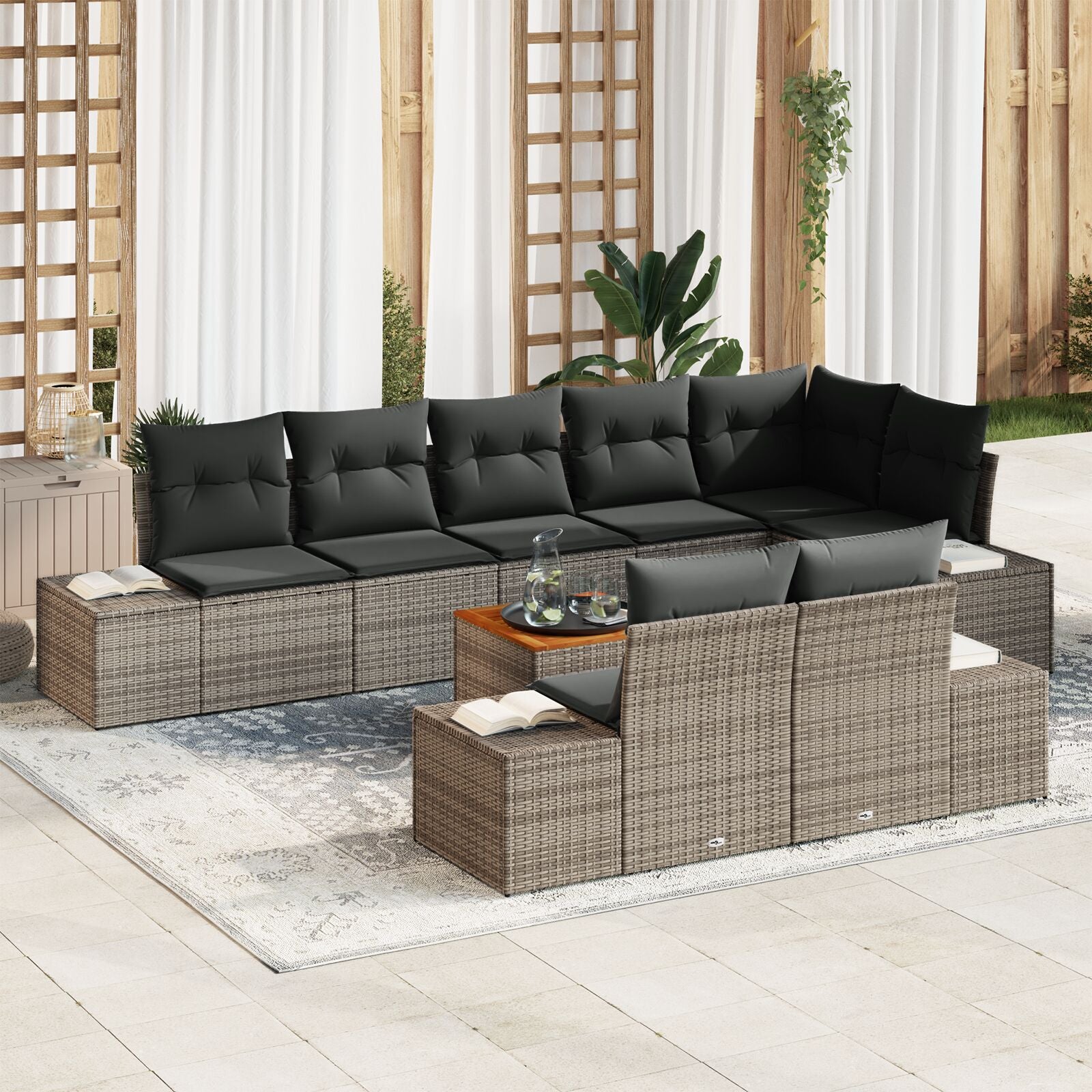 9 Delige Tuin Sofa Set Met Kussens Grijs Poly Rattan Acacia