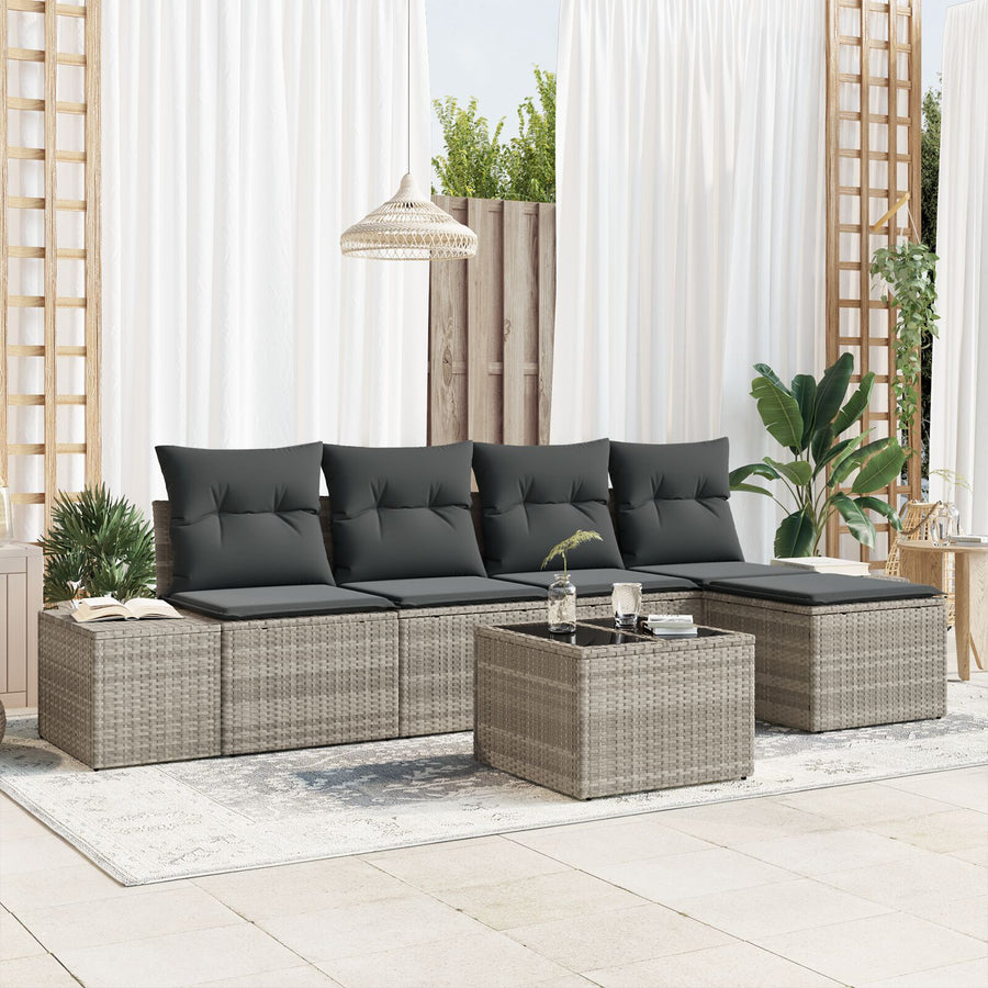 6-Delige Tuinbankset Met Kussens Grijs Poly Rattan