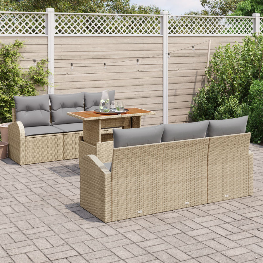 7-Delige Tuin Eetset Met Kussens Beige Poly Rattan Acacia