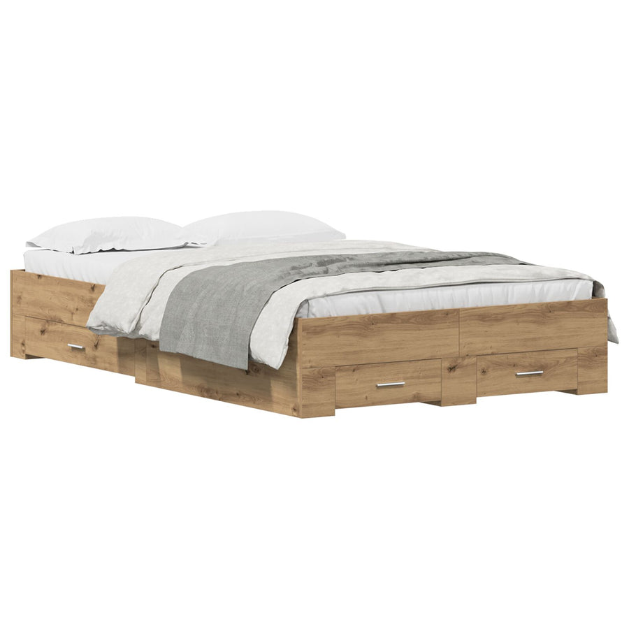 Bedframe Met Lades Artisan Eiken 120X200 Cm Bewerkt Hout Ambachtelijk Eiken