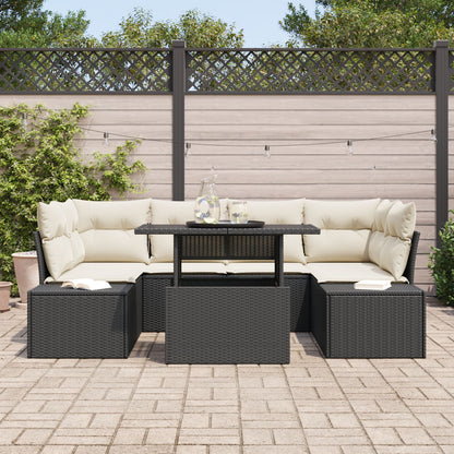 Tuin Sofa Set Set Van 7 Zwart En Crème Poly Rattan, Staal, Stof