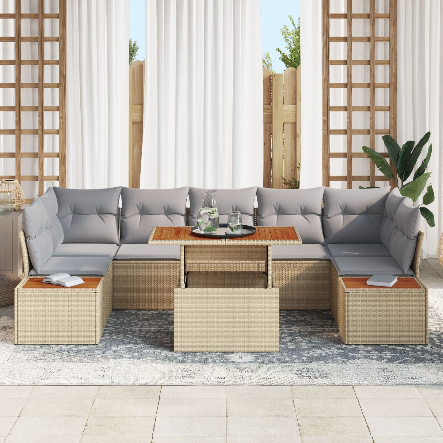 Tuinbank Set Set Van 8 Beige Riet 8-Delige Tuinset Rechthoekig