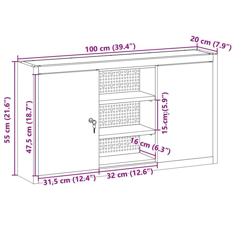 Gereedschapskast Muurbevestigd Met Pegboard 100X20X55 Cm Staal 100 cm Zwart en grijs Muurkast met pegboard