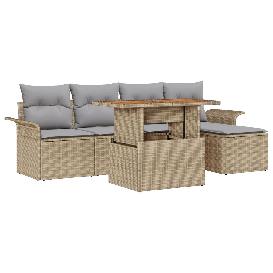 6-Delige Tuin Eetset Met Kussens Beige Poly Rattan Acacia