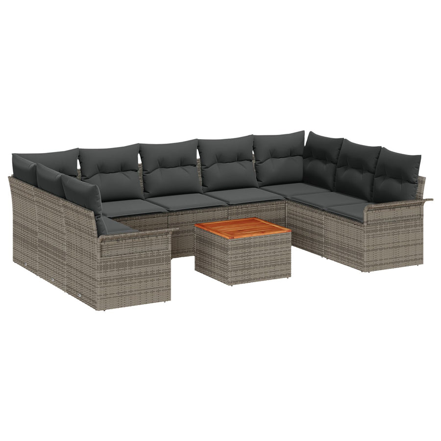 10-Delige Tuin Sofaset Met Kussens Grijs Poly Rattan Acacia