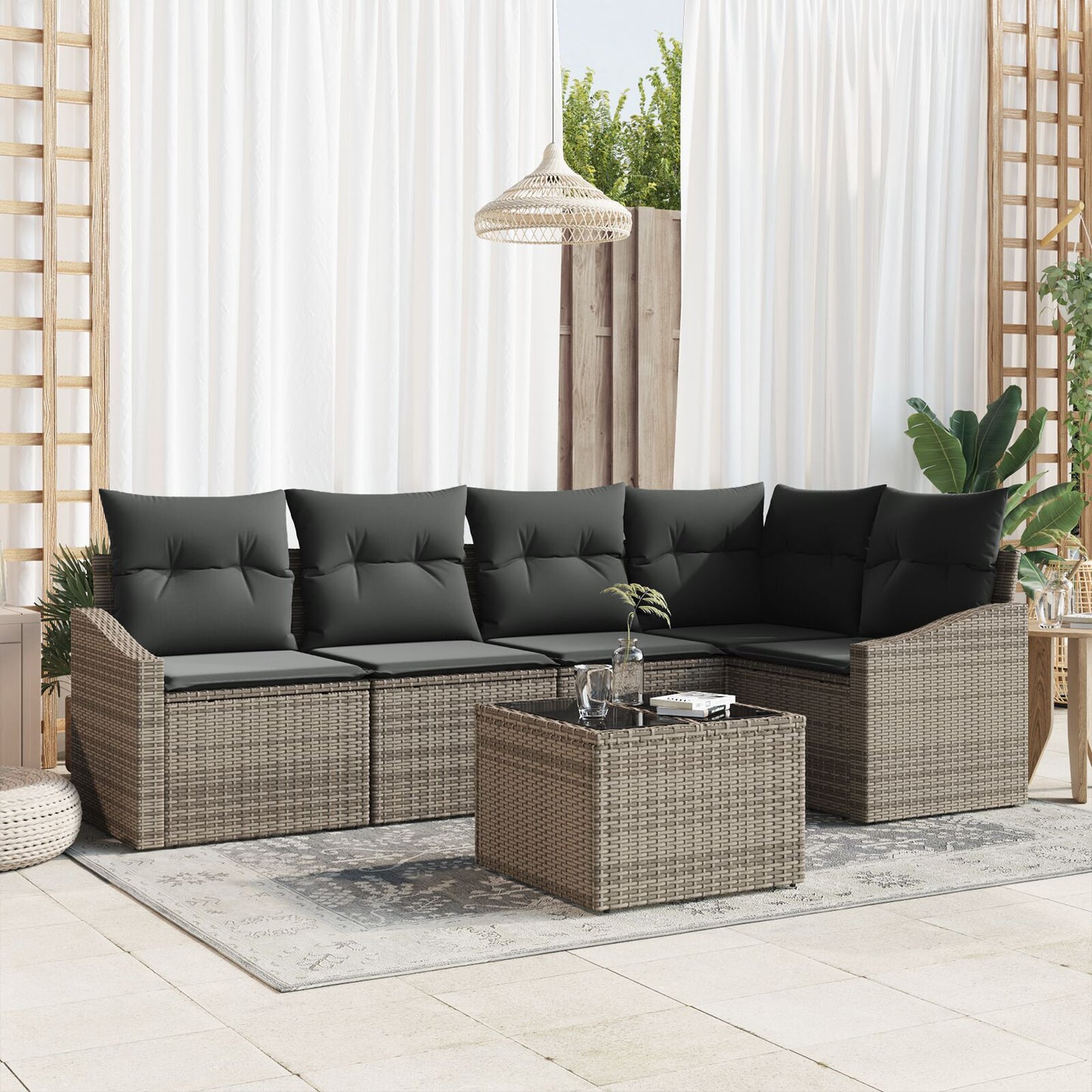 5-Delige Tuinbank Set Met Kussens Zwart Poly Rattan Grijs met tafel