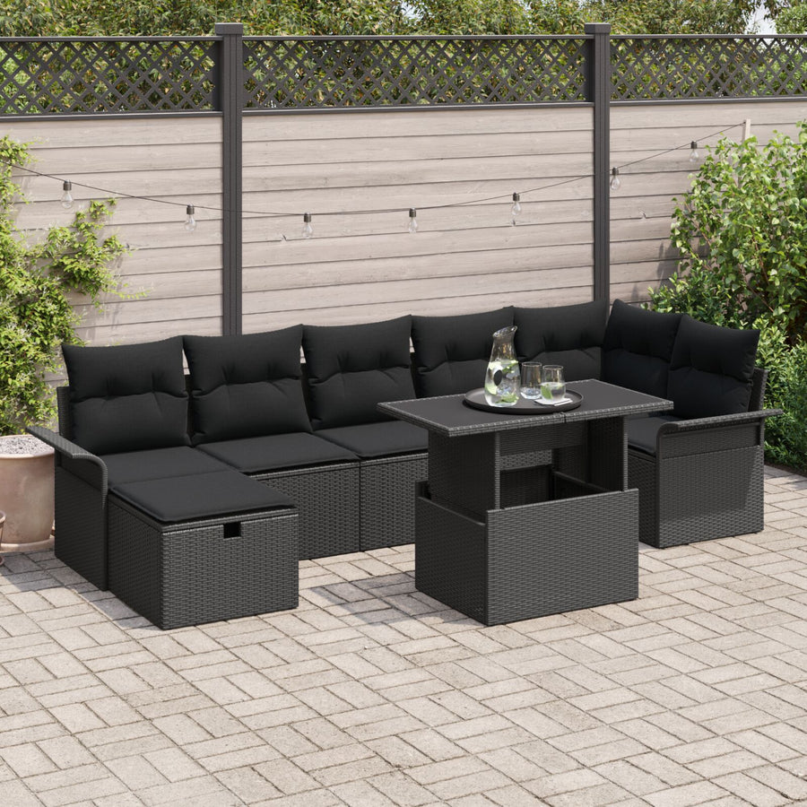 8-Delige Tuinbankset Met Kussens Zwart Poly Rattan