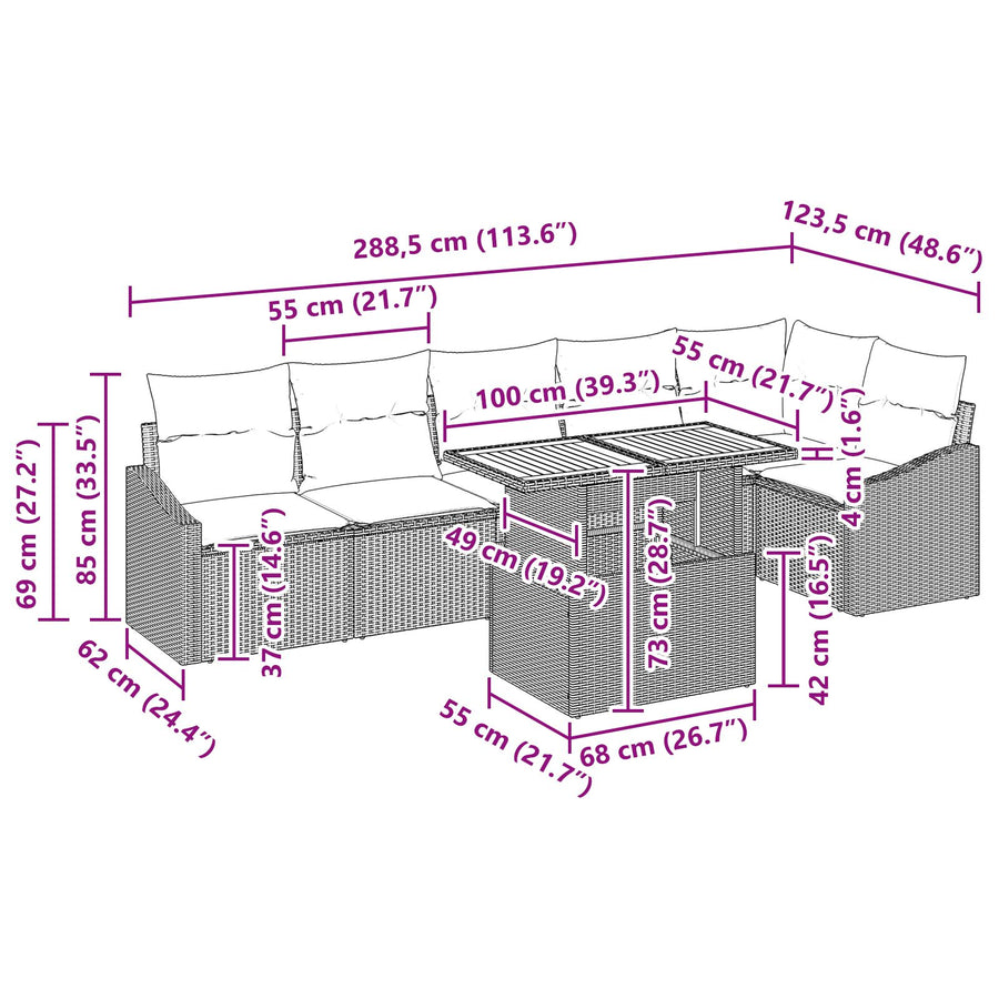 7-Persoons Tuin Eetset Met Kussens Grijs Poly Rattan Acacia