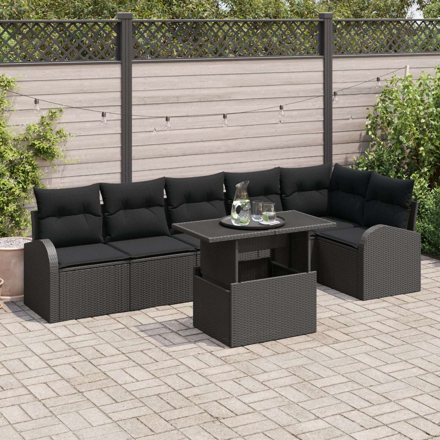 7-Delige Tuinsofa Set Met Kussens Zwart Poly Rattan