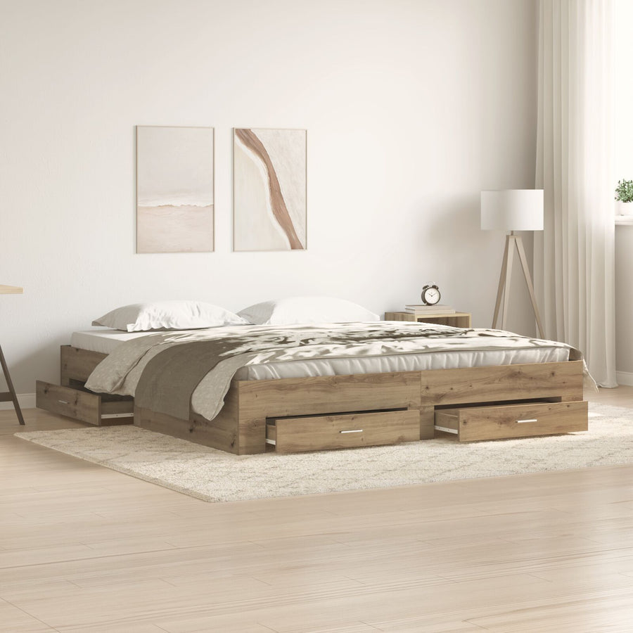 Bedframe Met Lades Artisan Eiken 180X200 Cm Geschikt Hout Ambachtelijk Eiken