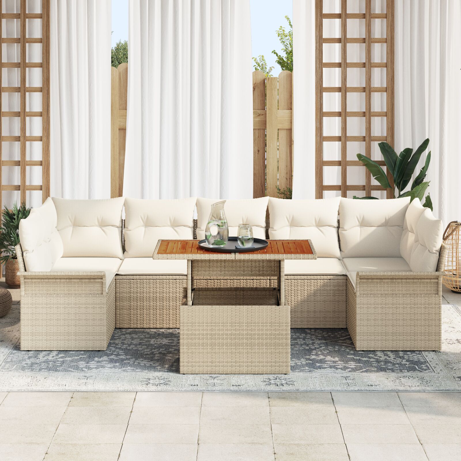 8-Delig Tuinbankstel Met Kussens Beige Poly Rattan Acacia