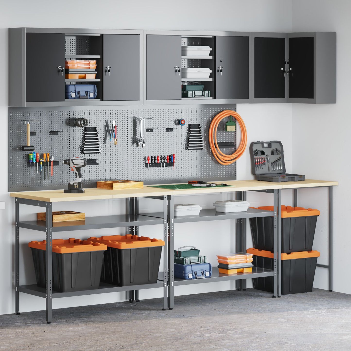 10-Delig Gereedschapsopslagtafelset Geperst Hout En Metaal 100 cm cabinet met pegboard Zwart 3x tafel + 4x cabinet + 6x pegboard