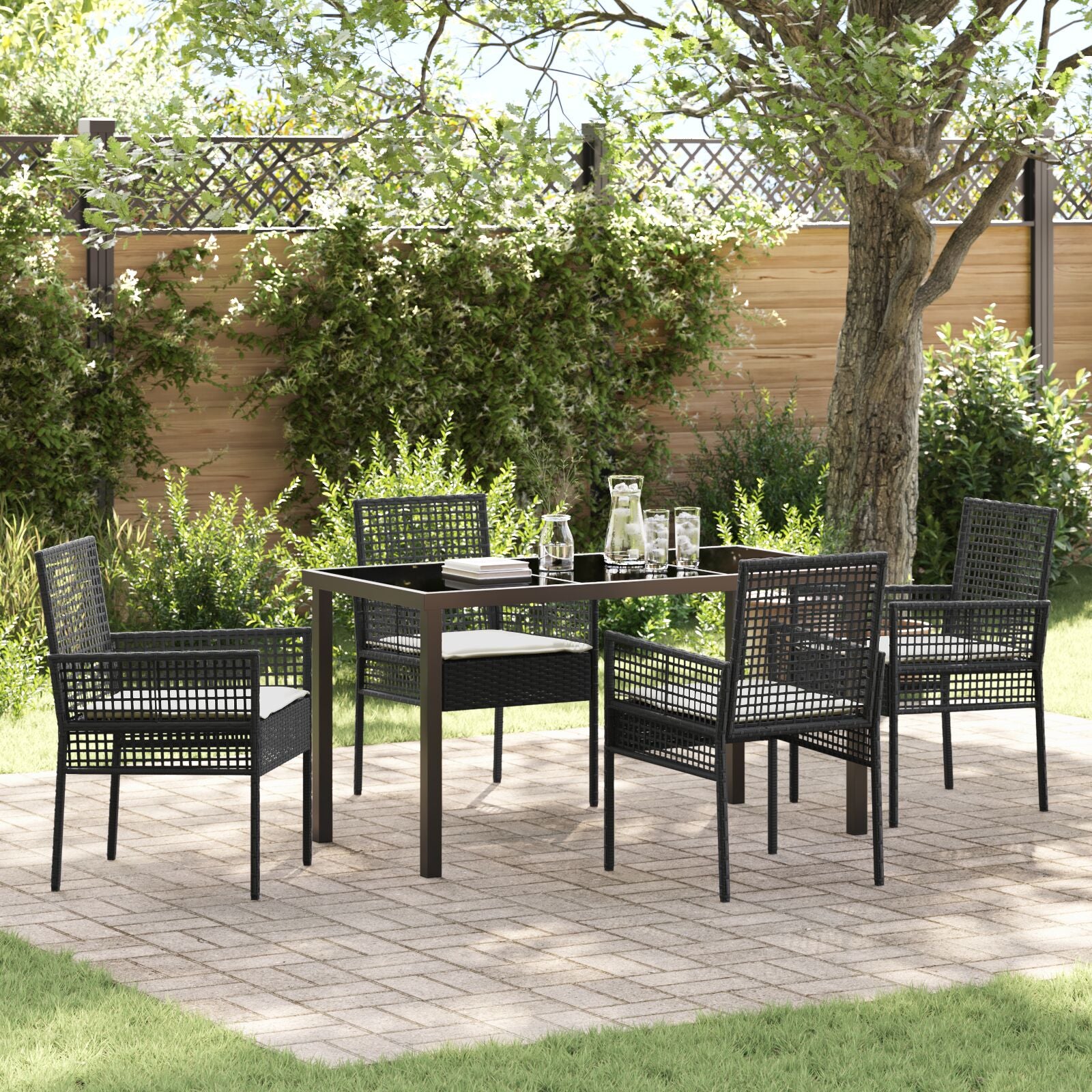 5 Delige Tuin Eetset Met Kussens Zwart Poly Rattan