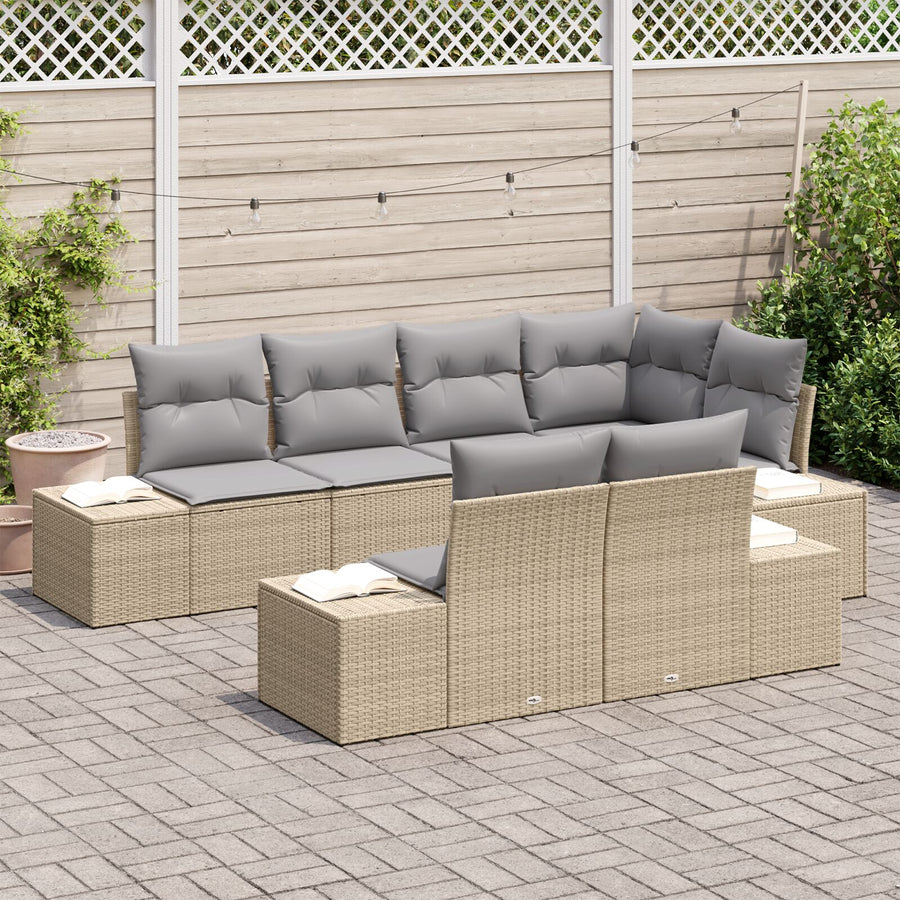 7-Delige Tuinbankset Met Kussens Beige Poly Rattan