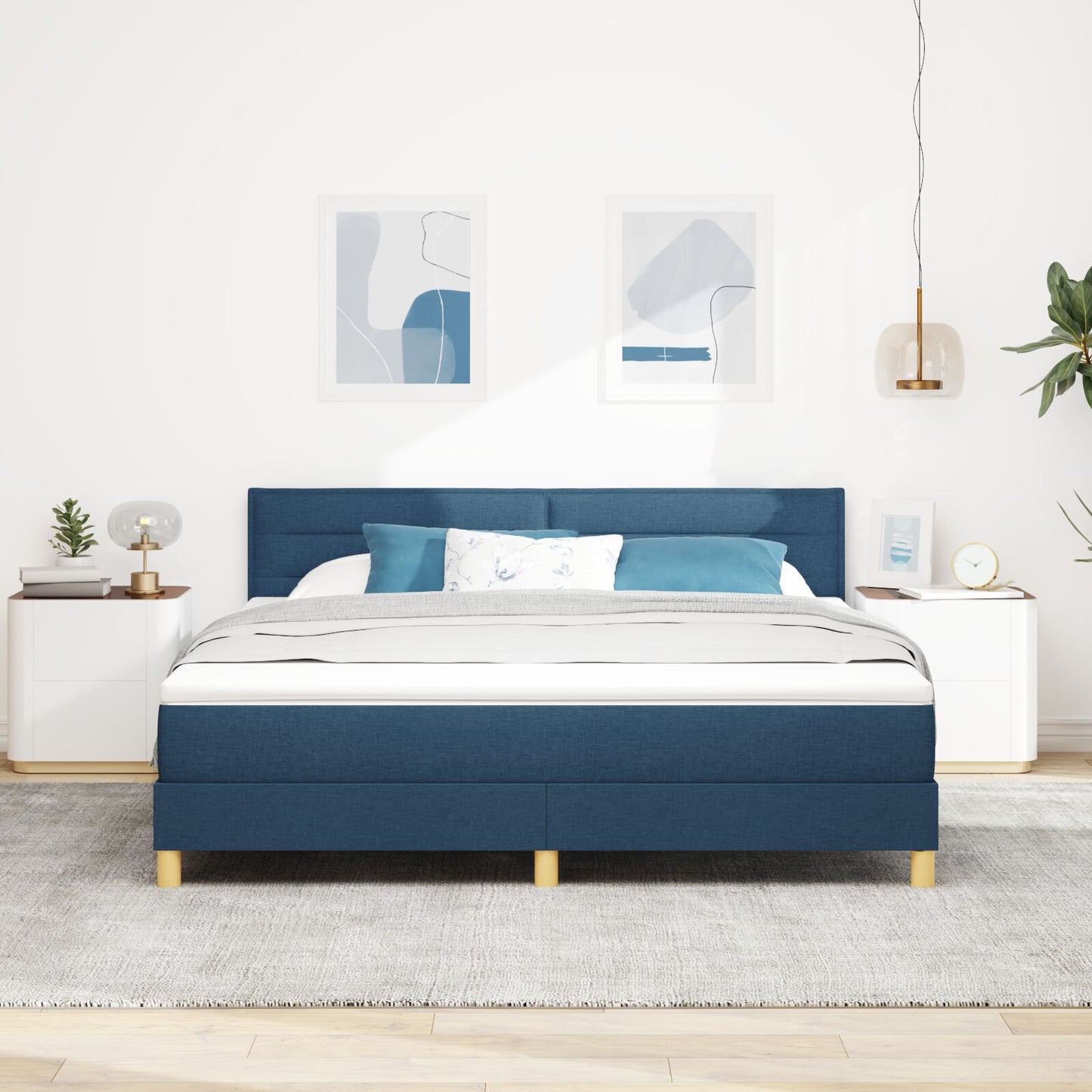 Boxspring Bed Met Matras Blauw 180X200 Cm Stof Crème