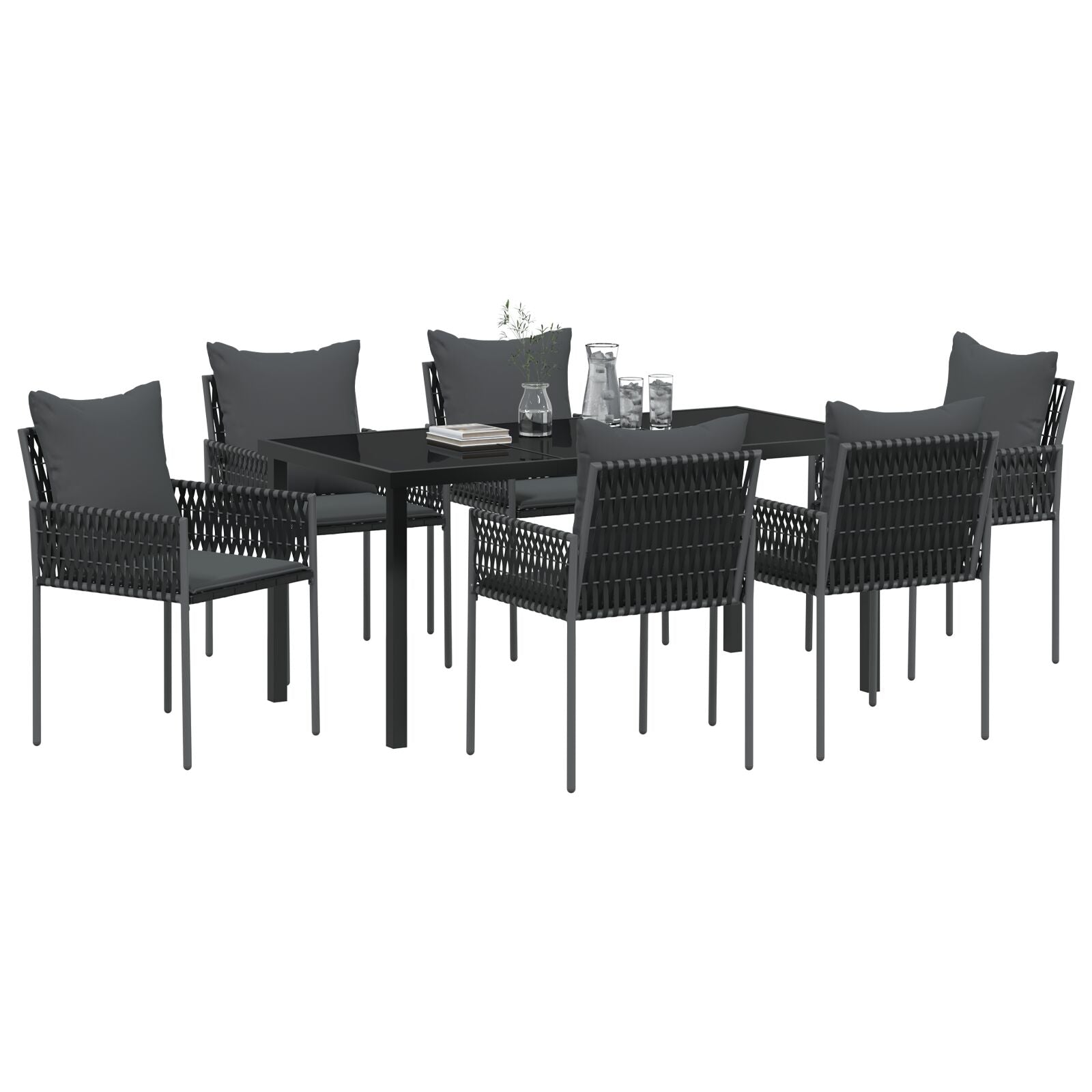 Set Van 4 Zwarte Stoelen, Donkergrijze Kussens