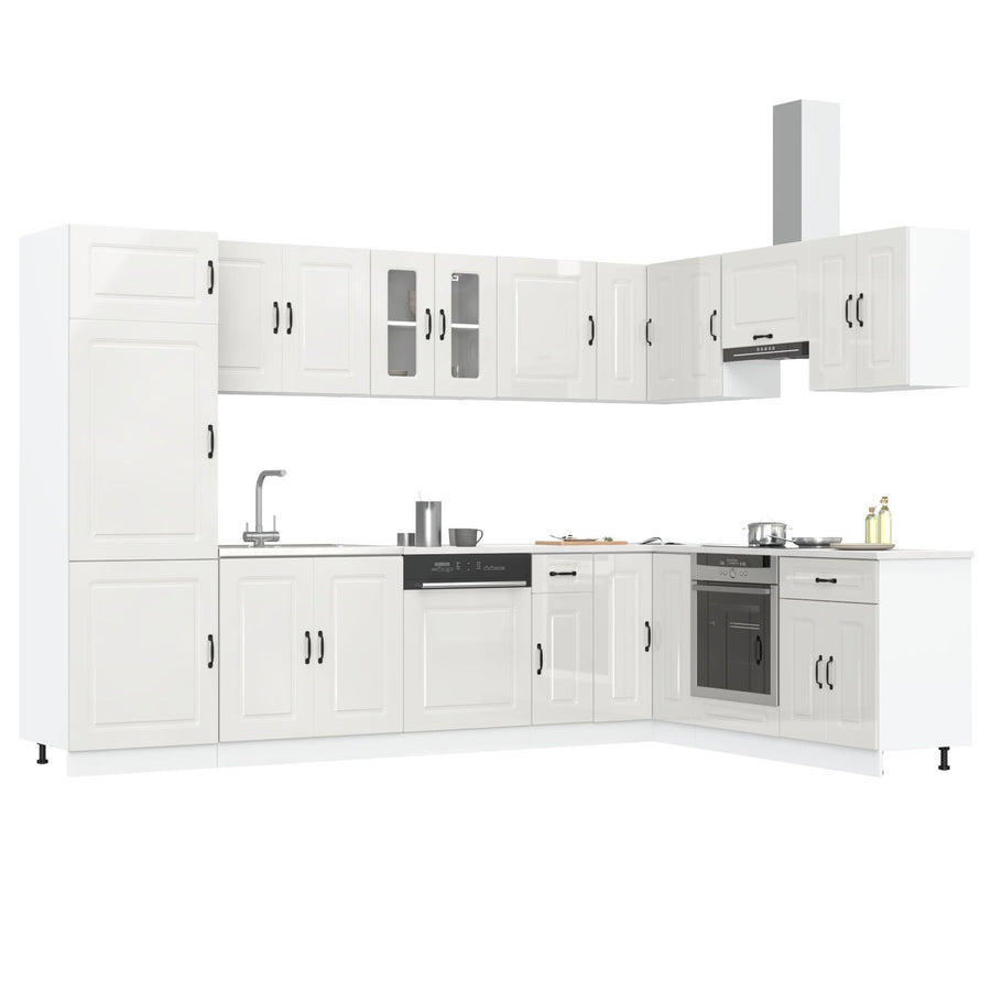 Keuken Kast ""Kalmar"" Met Dubbele Wasbakken Hoogglans Wit Bewerkt Hout Glanzend wit
