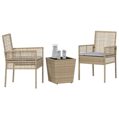 3-Delige Tuin Bistro Set Met Kussens Beige Poly Rattan