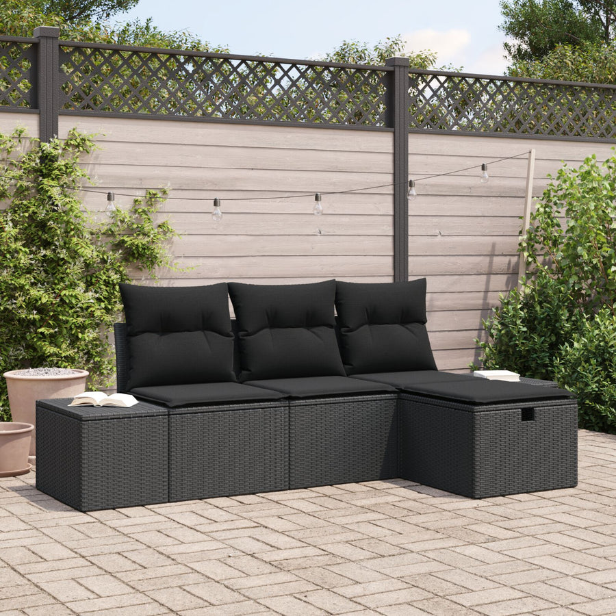 4 Delige Tuin Sofa Set Met Kussens Zwart Poly Rattan