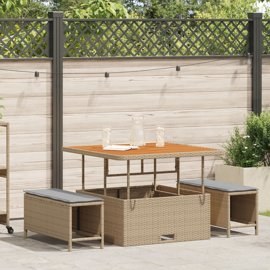 3-Delige Tuin Eettafelset Met Kussens Poly Rattan Acacia 100 cm Beige en grijs 2 krukken