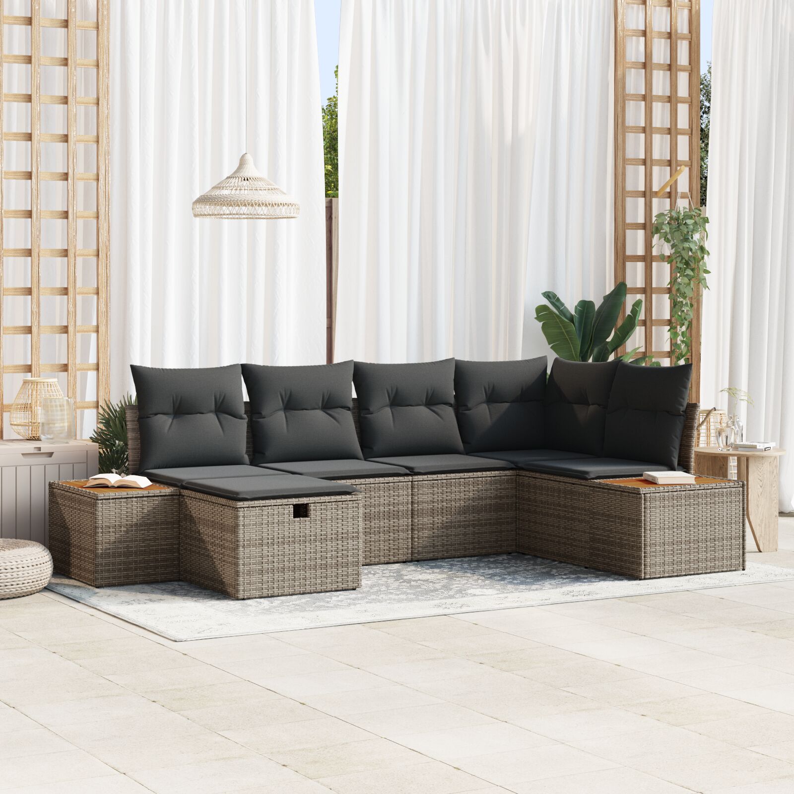 6-Delige Tuin Sofa Set Met Kussens Grijs Poly Rattan