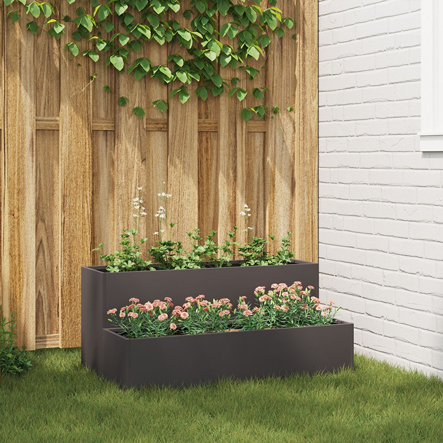 Tuin Planter - 2-Tier Staal, 100 x 60 x 45 cm Zwart