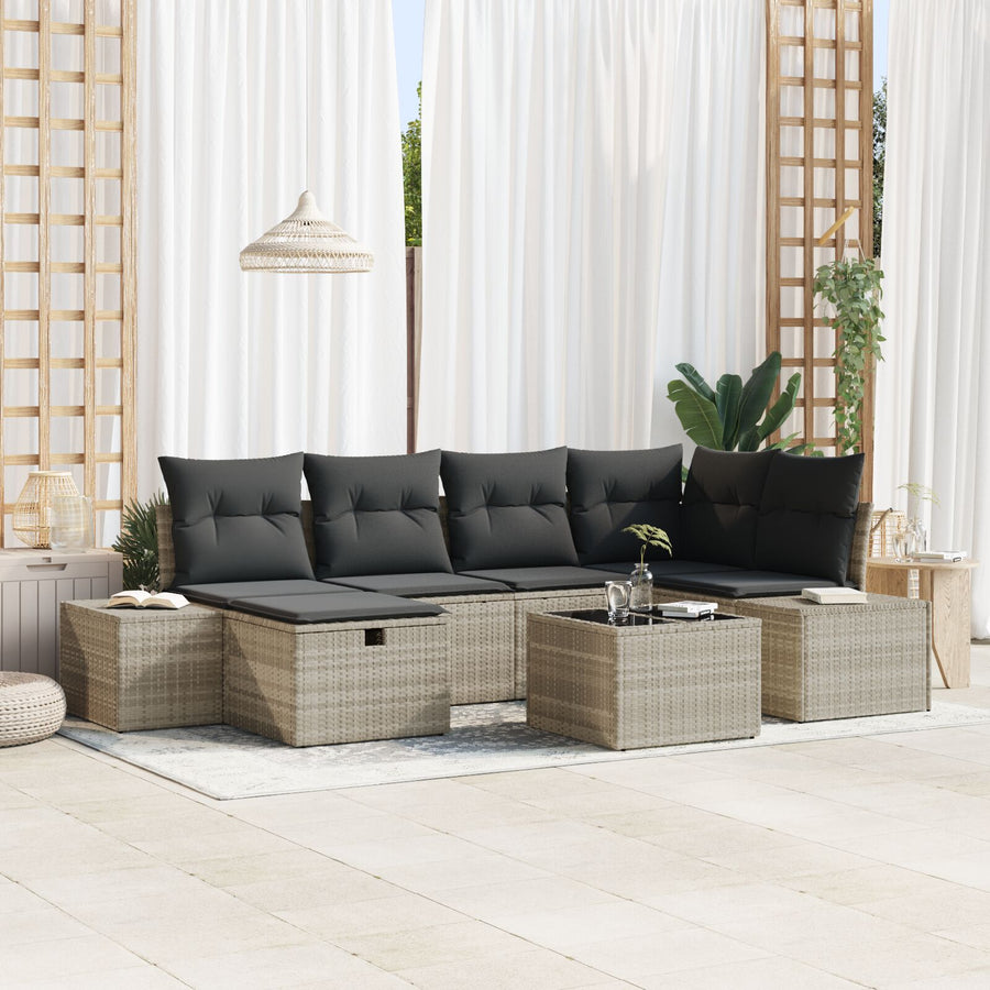7-Delige Tuin Sofa Set Met Kussens Licht Grijs Poly Rattan