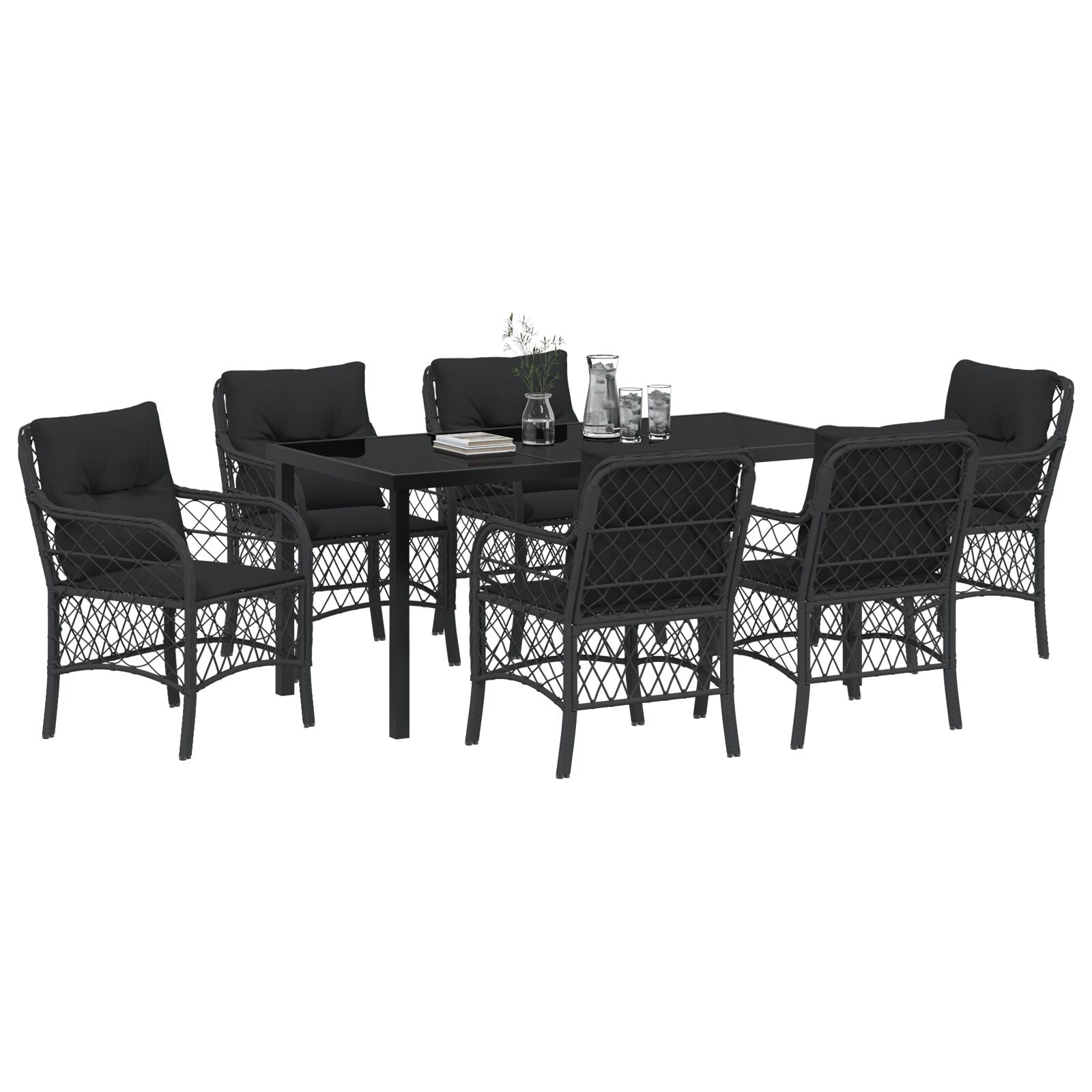 7 Delige Tuin Eet Set Met Kussens Zwart Poly Rattan