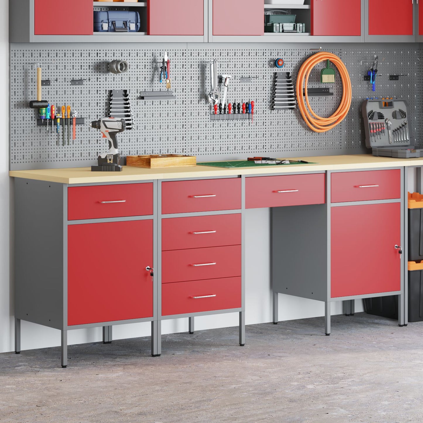 4-Delige Werkcabinet En Tafel Set Rood Gespoten Hout En Staal