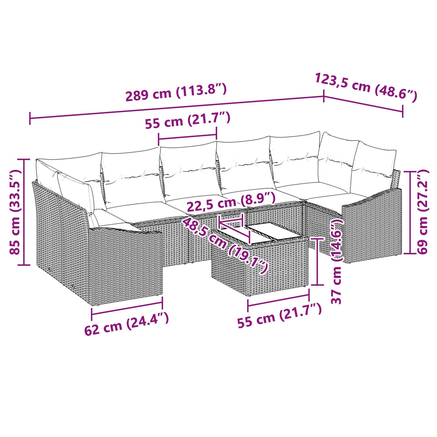 8 Delige Tuin Sofaset Met Kussens Zwart Poly Rattan