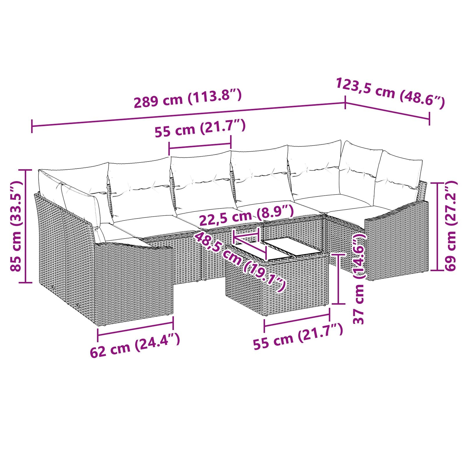 8 Delige Tuin Sofaset Met Kussens Zwart Poly Rattan