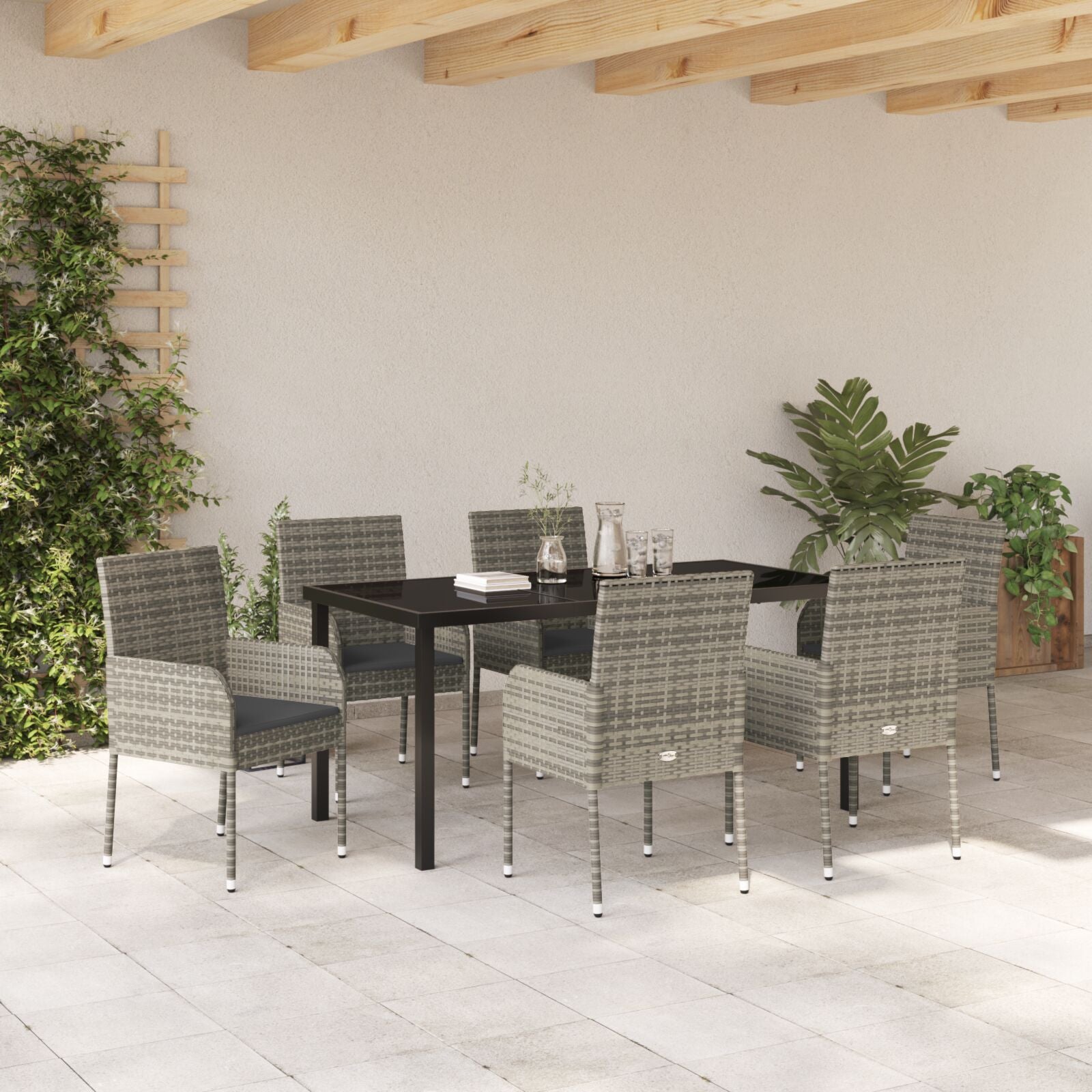 7-Delig Tuin Eetset Met Kussens Grijs Poly Rattan
