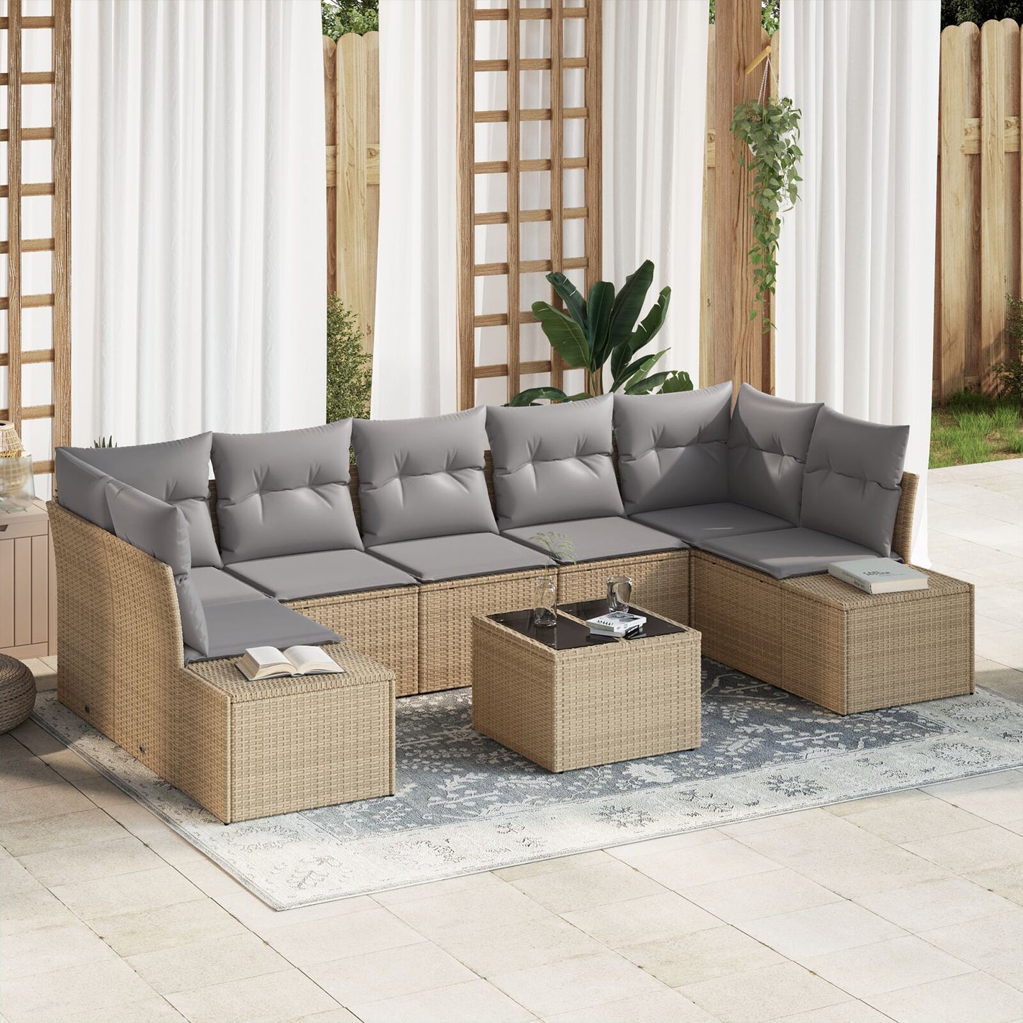 8-Delige Tuinsofa Set Met Kussens Beige Poly Rattan