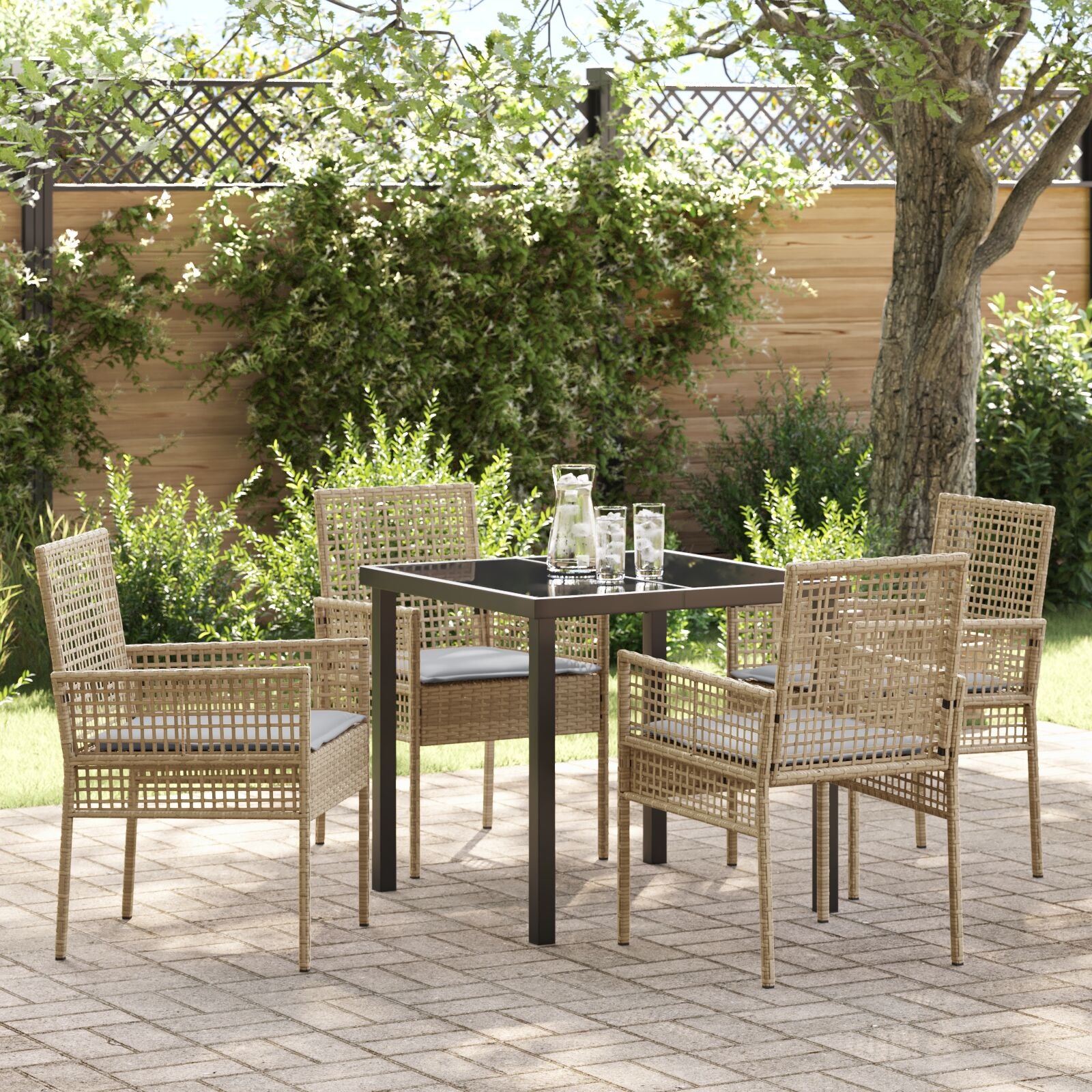 5-Delige Tuin Eettafelset Met Kussens Beige Poly Riet