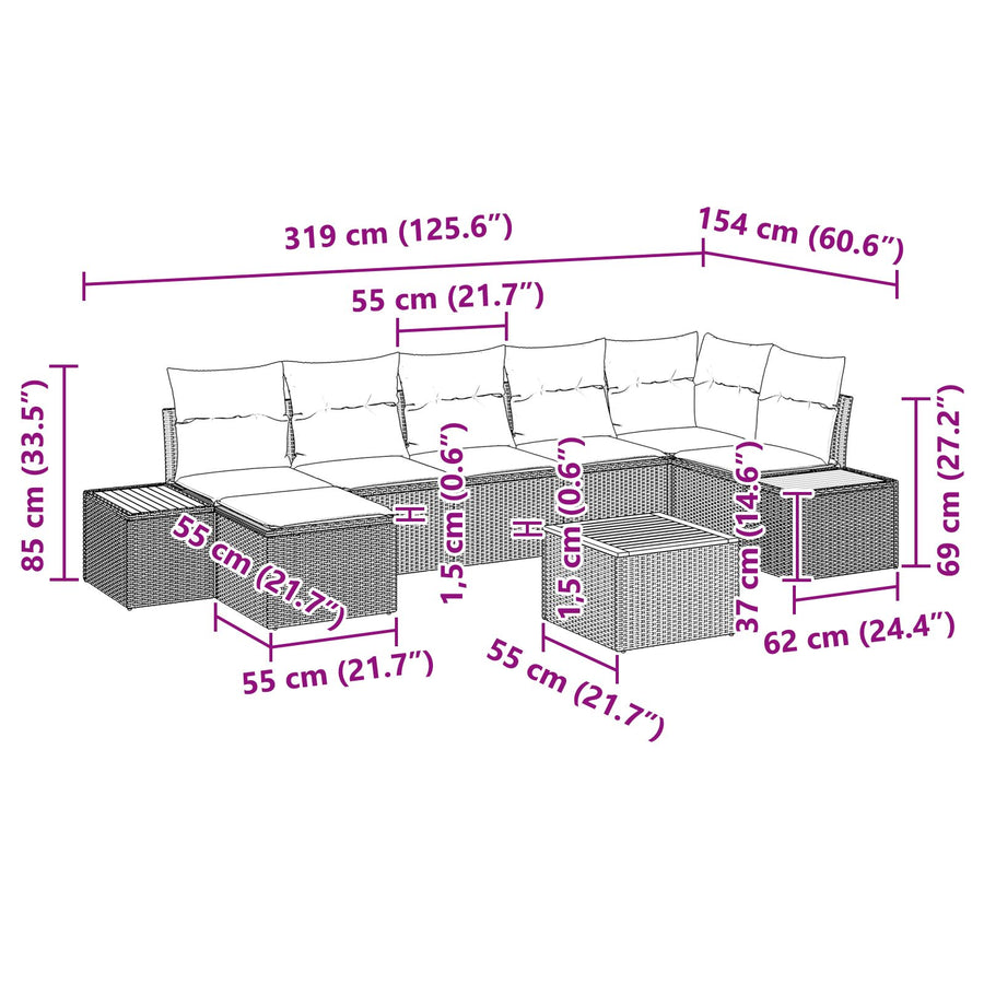 8 Delige Tuin Sofa Set Met Kussens Grijs Poly Rattan Acacia