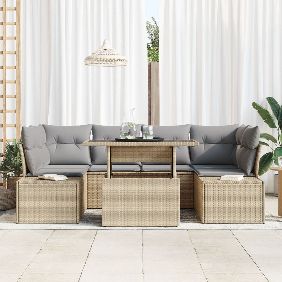 Tuinbankset Set Van 7 Beige Rattan Tuinbankset Rechthoekig