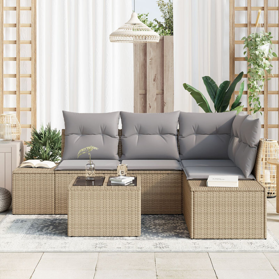 5-Delige Tuin Sofa Set Met Kussens Zwart Poly Rattan Beige en Lichtgrijs met tafel