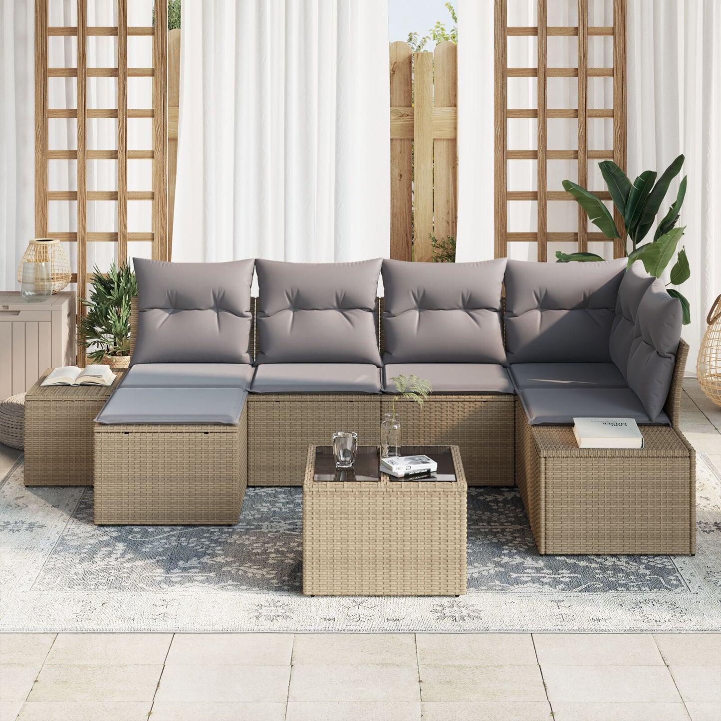 7-Delige Tuinbankset Met Kussens Zwart Poly Rattan
